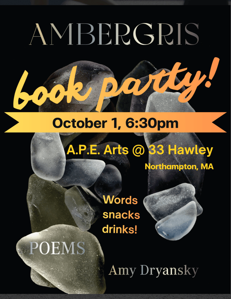 Postcard of book cover with a black ground and pictures of sea glass covered by text